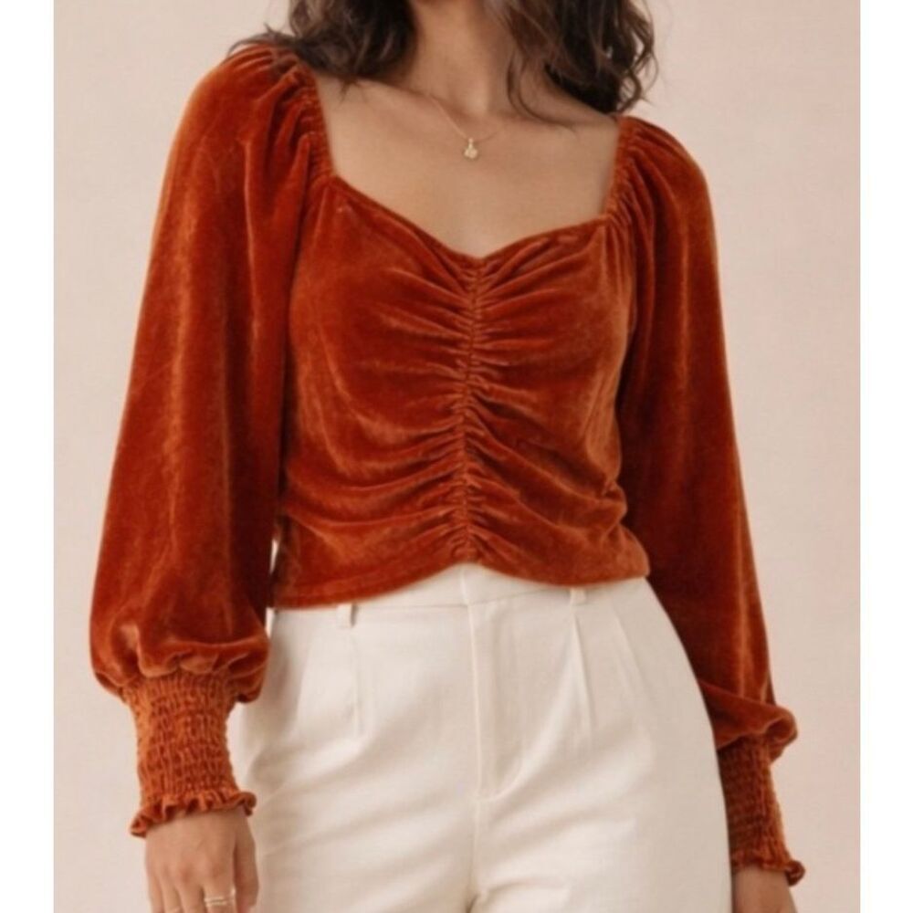 Amber skies, rust velvet, ruched, puff, smocked sleeve, cuff top L